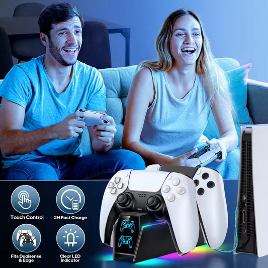 PS5 Controller Charging Station – Dual Dock with 10 RGB Lights | Fits DualSense & Edge